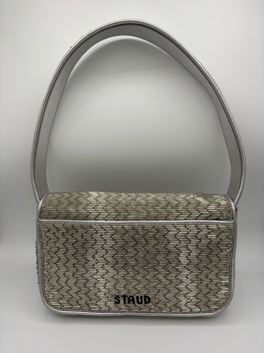STAUD Silver Metallic Beaded Shoulder Bag